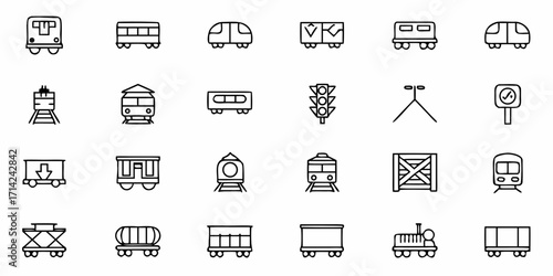 Outline illustrations of various trains and train related objects in a grid arrangement on white background