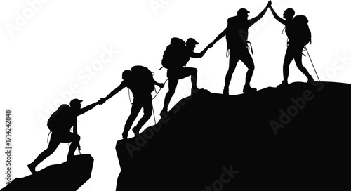 Silhouette, climbers, teamwork, mountain, hiking, adventure, outdoor, success, cooperation, helping, ascent, challenge, group, support, nature, exploration, summit, unity, leadership