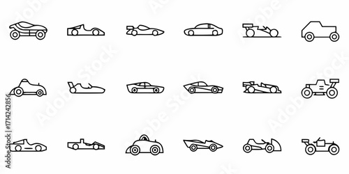 Collection of various car types including racecars and vintage vehicles in simple black line art style