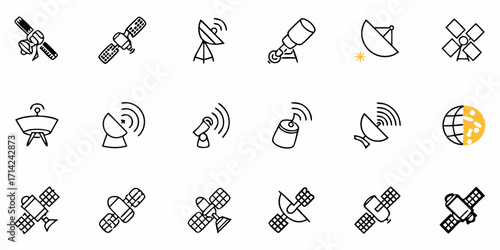 Illustration showcasing various communication and exploration technology icons in a line art style