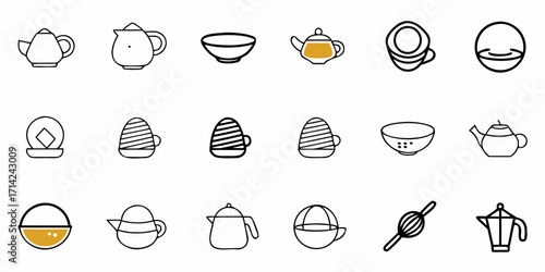 Collection of teapots bowls and kitchen utensils in simple line art style showcasing various designs and forms