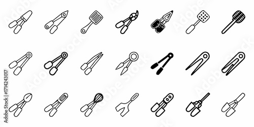 Collection of various outline style kitchen utensils and cooking tools in a vector format illustration