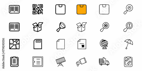 Collection of logistics and shipping icons including boxes bar codes and magnifying glasses in black and white