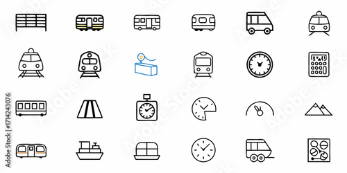 A collection of transportation and time related icons including trains and clocks in a grid format