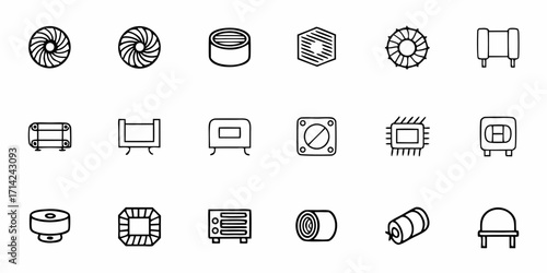 Various electronic components and parts depicted in a simple line drawing style in a vector format