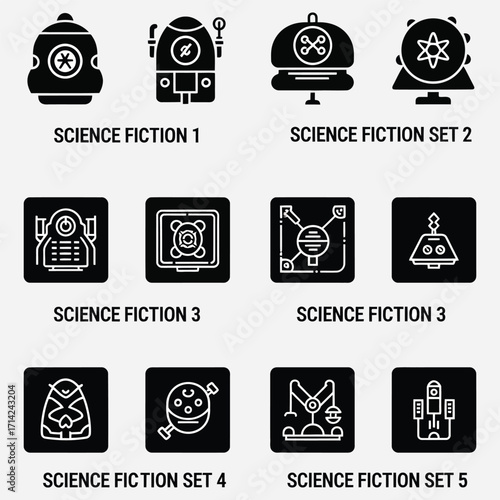 Sci-Fi Icon Set Futuristic Robot, Spaceship, and Technology Glyphs