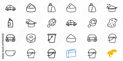 Collection of various cleaning and washing related icons including car bucket and sponge set in a grid