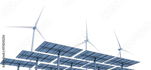 Advanced solar panels and windmills generate clean, renewable energy with increased efficiency. Isolated on a transparent background. 3D illustration.