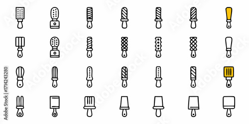 Illustration showing multiple variations of rasp tools and paint brushes in a grid format