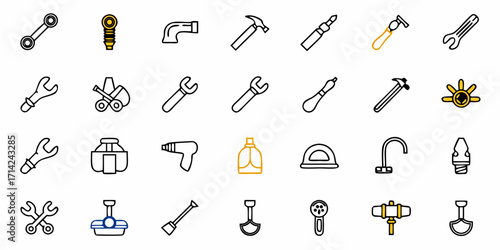 Collection of various tools and equipment arranged in a grid pattern on a white background