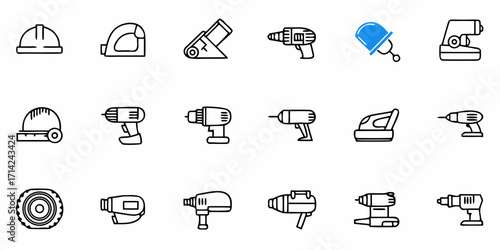 Illustration of various construction and repair tools including drills, sanders, and safety equipment icons