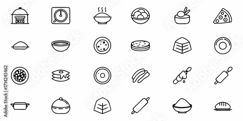 Collection of outline style food and cooking icons featuring oven, timer, bowls, pizza, and rolling pin tools