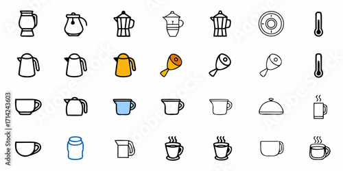 Collection of kitchenware icons including pitchers, kettles, cups, and food items displayed in rows