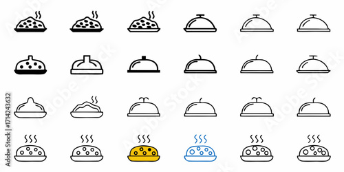 Collection of food cloches and dishes with food in a variety of styles and forms in black and white