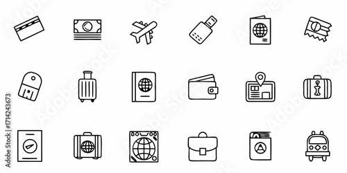 Collection of travel icons including passport plane luggage wallet and other travel related elements