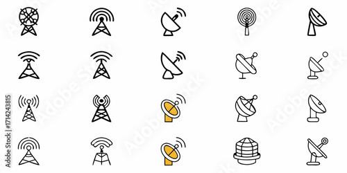 Illustration of various communication towers and satellite dishes in a grid pattern on a white background