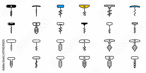 Illustration of various corkscrews with different designs and handle shapes in a grid arrangement