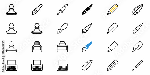Illustration set featuring writing and drawing tools including pens pencils typewriters and inkwells icons art 100