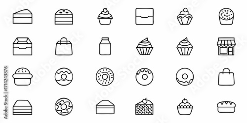 Line art illustration showcasing an assortment of bakery items and related objects in a simple style