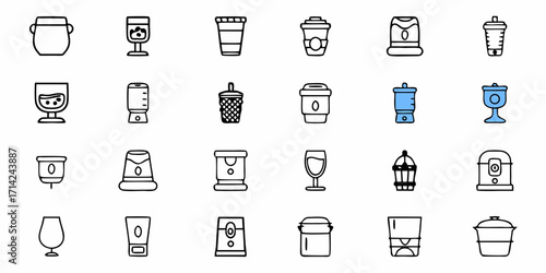 Illustration of various drinkware and containers including cups glasses and pitchers in simple line art