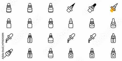 Collection of various dropper bottles and applicators in outline style arranged on a white background artfully