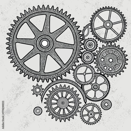 Interlocking Mechanical Gears in a Detailed Sketch Style machinery engineering