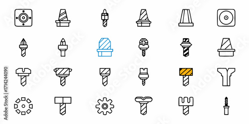 Collection of various drill bits and mechanical components arranged in a grid pattern design