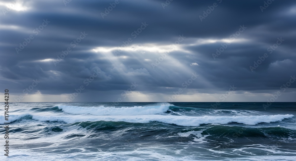 Fototapeta premium dramatic ocean waves stormy sky sun rays