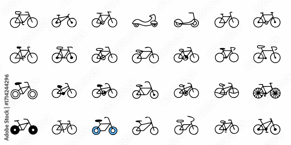 Naklejka premium Collection of various bicycle and scooter line art illustrations arranged in rows and columns pattern