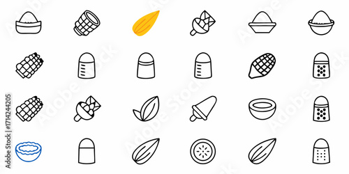 Illustration of various food items including corn, seeds, spices, and other plant based ingredients icons