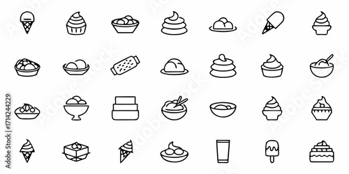 Collection of various dessert icons including ice cream, cake, pudding, and other sweet treats