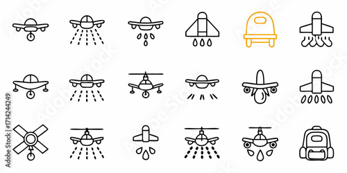 Collection of line art icons depicting crop duster planes helicopters and related agriculture equipment