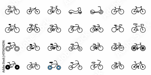 Collection of various bicycle and scooter line art illustrations arranged in rows and columns pattern