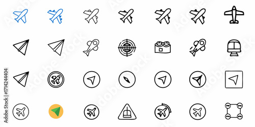 Collection of transportation and navigation icons including airplanes and paper planes in various styles