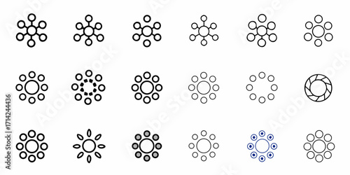 Collection of circular arrangements with varying central and peripheral connections shown as icons