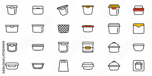 Illustration of various containers and receptacles including boxes and bowls in a grid pattern