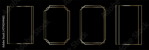 Thin golden frame set. Gold geometric border collection in art deco style. Thin linear shining rectangular shape bundle. Brass glowing shiny boarder element