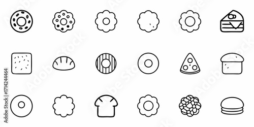 Collection of various bakery items including donuts cakes and bread in a simple outline style drawing