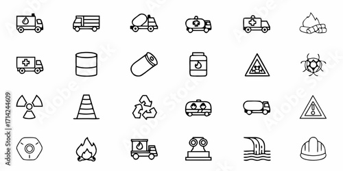 Line art illustration featuring a variety of hazard and safety related icons in a grid arrangement