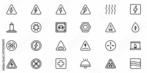 Collection of various hazard and safety icons including electrical and warning symbols in black and white
