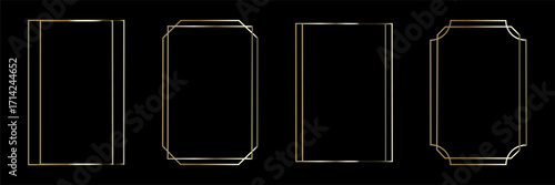 Thin golden frame set. Gold geometric border collection in art deco style. Thin linear shining rectangular shape bundle. Brass glowing shiny boarder element
