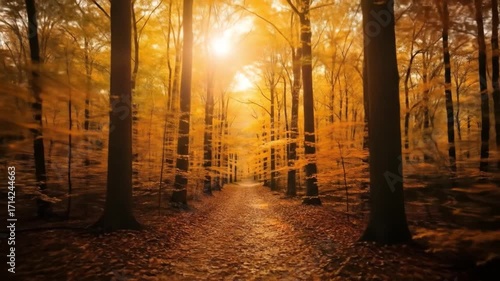 Autumn forest path filled with golden leaves and glowing sunset light shining through tall trees in warm season landscape