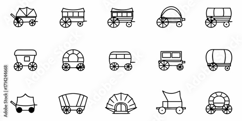Collection of fifteen line art drawings depicting various styles of covered wagons and carts in black and white