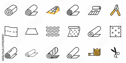 Illustration showing various types of fabrics and tools used in sewing and textile work displayed neatly