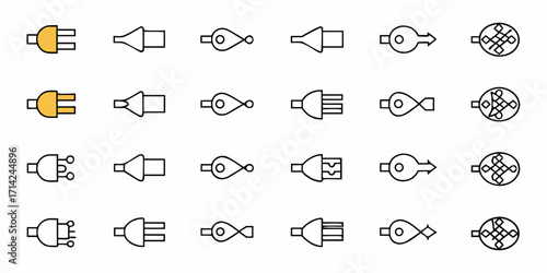 Collection of twenty four different abstract connector shapes in a grid arrangement on a white background
