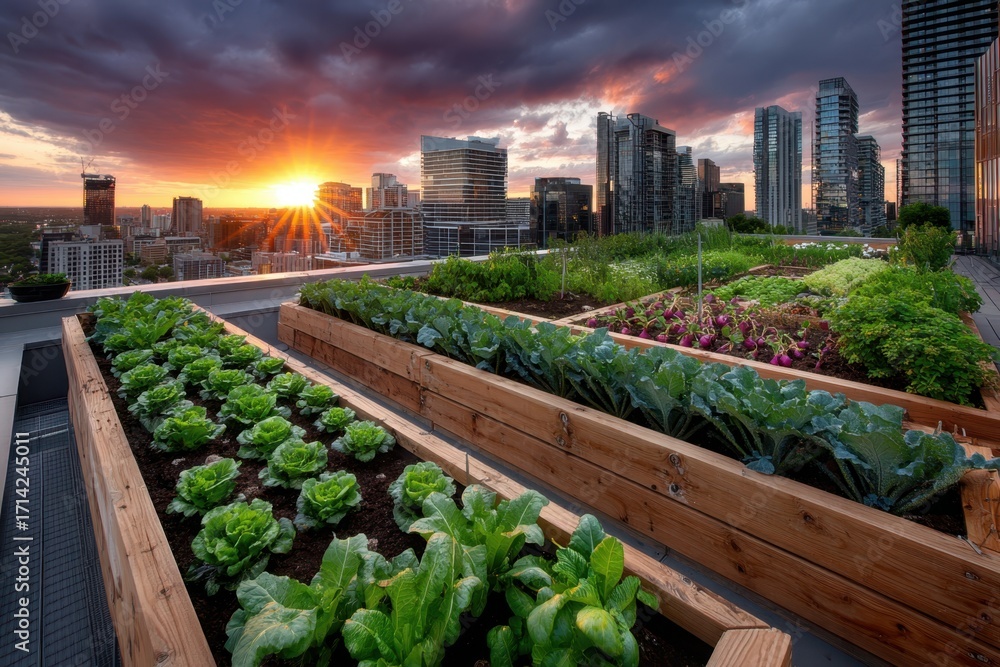 Fototapeta premium Rooftop Garden with City Sunset View