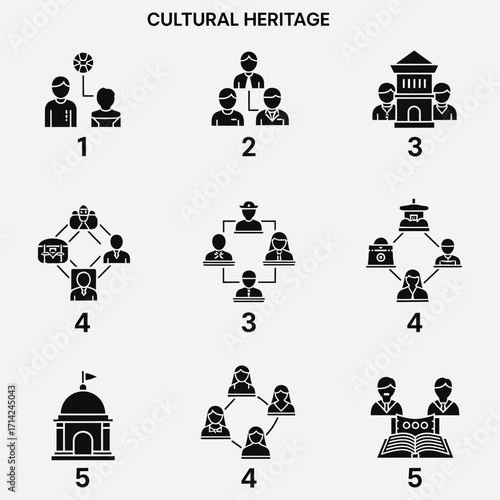A collection of solid glyph icons representing society, history, community connections, and traditions