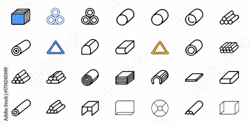 Illustration of various geometric shapes including cylinders, cubes, triangles, and stacks, in black and blue