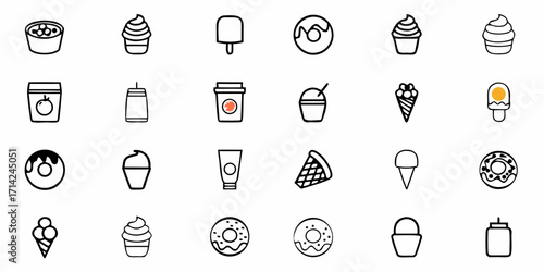 Collection of twenty four outlined food and drink icons arranged in a rectangular grid pattern on white