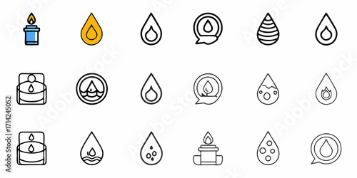 Collection of stylized water drop icons and candle flame icons in various designs and arrangements